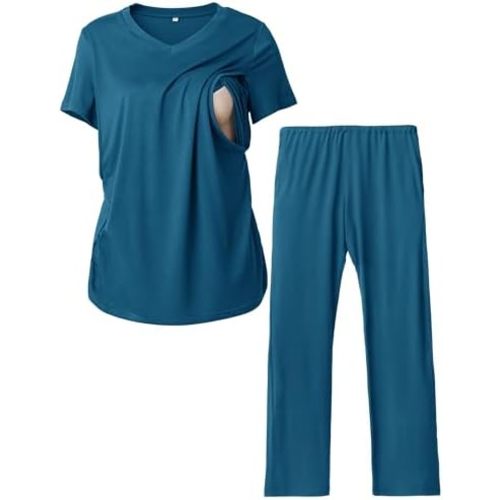 Rnxrbb V Neck Nursing Pajamas Set Postpartum Pjs Maternity Breastfeeding sleepwear for Women with Pockets 2 Pack