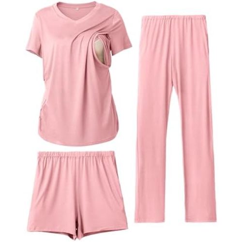 Rnxrbb 3 Piece Women's Maternity Nursing Pajamas Set V Neck Breastfeeding Pjs Sleepwear Postpartum Shorts&Pants Pockets