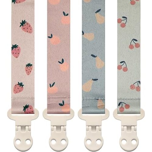 Stadela Baby Pacifier Clip Holder - Girl or Boy Unisex 4 Pack Gift Set – Summer Peaches Strawberies Cherries Pears (Fruits)