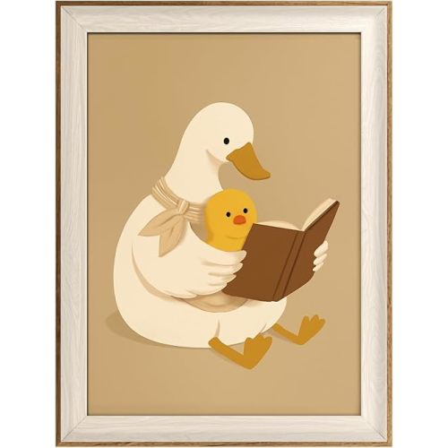 VIYYIEA Framed Wall Art for Living Room, Mother Duck Reading to Baby Duck Canvas Prints, Humorous Home Decor, Animals Painting Picture, Bathroom Wall Decor Gifts for Friends or Family - 16L x 12W
