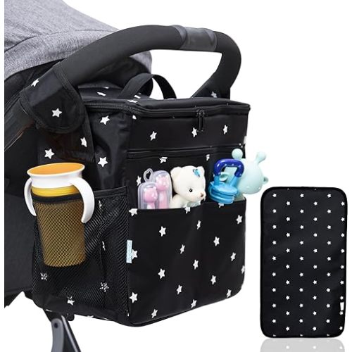 Orzbow XL Stroller Organizer With Diaper Changing Pad, Waterproof Large Baby Diaper Bag, Stroller Caddy Organizer with Cup Holder & Shoulder Strap Used As Mom Handbag & Shoulder Bags & Backpack, Black