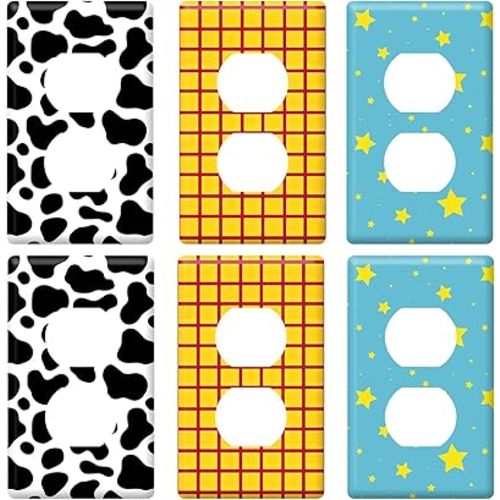 GTOTd Checked Cow Star Cartoon Outlet Cover Sticker Deacl 6 pcs (Not Plate,Size 4.5" x 2.76"),Cute DIY Wall Decor Art Decorative Light Switch Plate Faceplate Kids Room Kitchen Bathroom