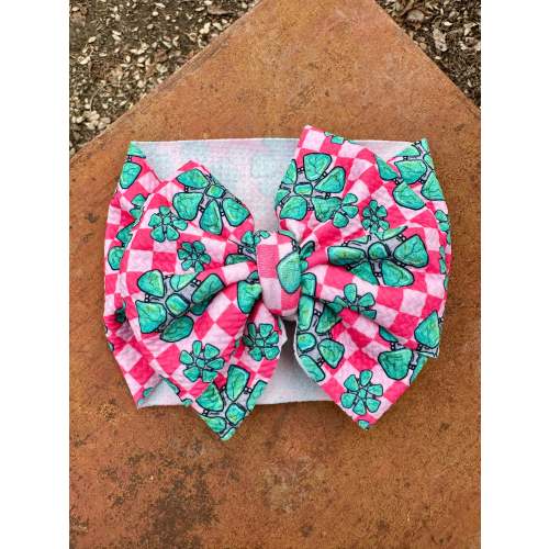 Pink checkered turquoise baby headband bow wrap