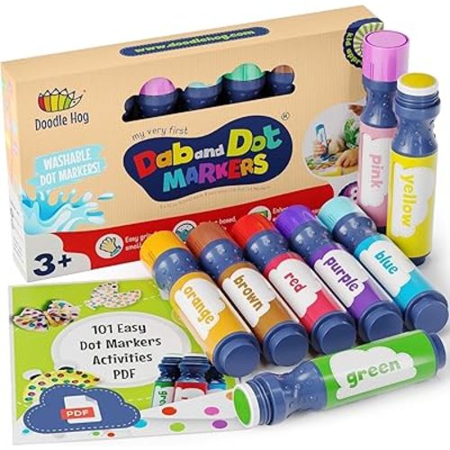 DOODLE HOG Washable Dot Markers for Toddlers 1-3 Years, 8 Colors Bingo Markers, Paint Markers for Kids Preschool, Non Toxic Arts and Crafts Supplies