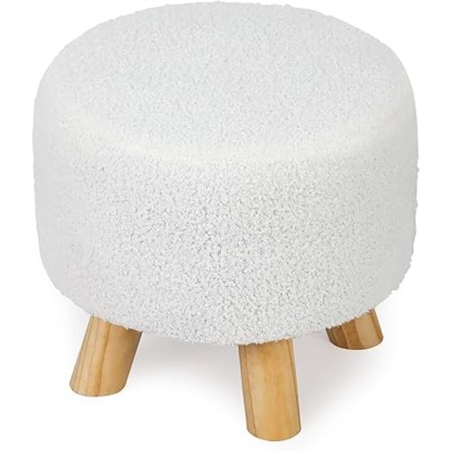 Asense Small Round Ottoman Foot Rest Stool Teddy Velvet Padded Seat Footstool Ottoman with Anti-Slip Wooden Legs (White,Teddy Velvet)