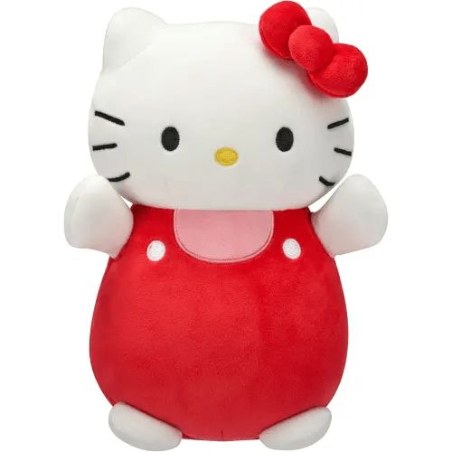 Squishmallows Original Sanrio 10-Inch Hello Kitty in Red and Pink Overalls HugMees - Medium-Sized Ultrasoft Official Jazwares Plush