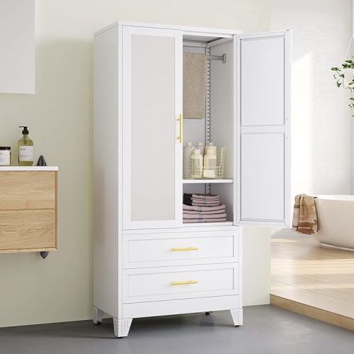 Metal Armoire Wardrobe Closet, 71 "Metal Clothing Storage Cabinet with Mirror and Adjustable Shelves, Household Steel Wardrobe Storage Cabinet with 2 Drawers and Hanging Rod(Armoire-White)