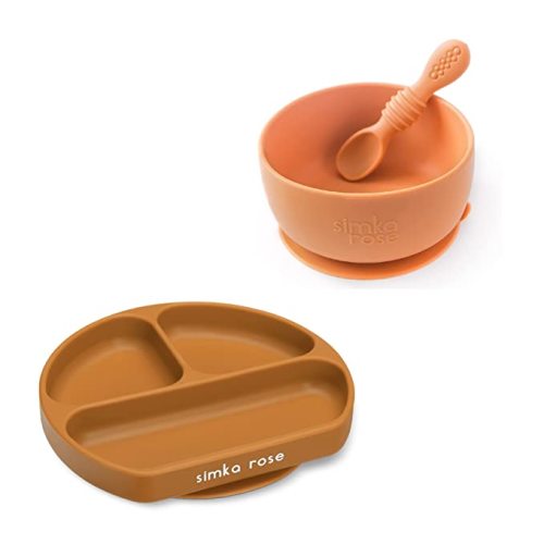 Simka Rose Silicone Baby Feeding Set for Baby and Toddler, Baby Silicone Bowl and Plate with Suction, Baby Led Weaning Spoon, BPA Free - Dishwasher and Microwave Safe (Rust)