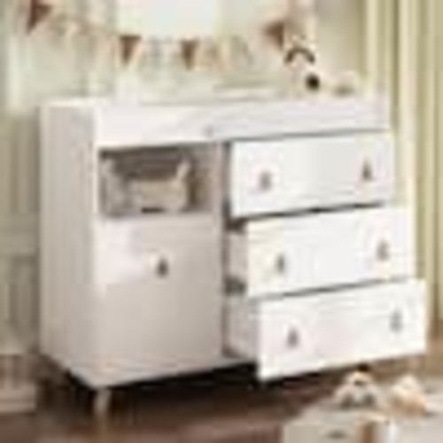 FUFU&GAGA 4-Drawer White Wood 44.9 in. W Kids Low Dresser Storage Organizer Cabinet With Changing Table Open Shelf THD-KF180079-03