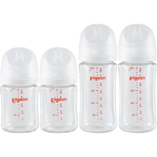 Pigeon Glass Nursing Baby Bottle Wide Neck(Pack of 4), Streamlined Body, Natural Feel, Easy to Clean, Heat-Resistant, 5.4Oz and 8.1 Oz