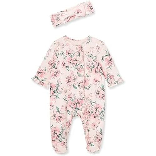 Little Me Baby Girls 100% Cotton 2-piece Zipper Closure Footie and Headband Set