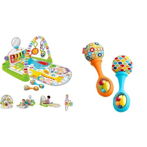 Fisher-Price Baby Playmat Deluxe Kick & Play Piano Gym & Maracas with Smart Stages Learning Content Baby Newborn Toys Rattle 'n Rock Maracas