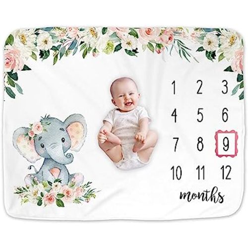 Girl Elephant Baby Monthly Milestone Blanket, Safari Elephant Baby Growth Chart Month Blanket, Watch Me Grow Baby Girl Floral Elephant Nursery Gift for New Moms Baby Shower, Includes Marker (50"x40")