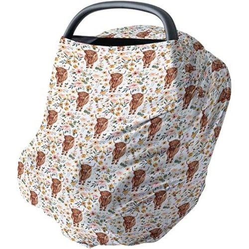 HawSkgFub Highland Cow Floral 5-in-1 Car Seat Cover for Baby Girl Cow Lover Gift, Western Cowgirl Retro Boho Flower Privacy Breastfeeding Nursing Cover, Newborn Infant Multi-use Carseat Canopy Carrier