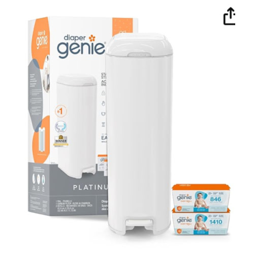 Diaper Genie Platinum Pail Gift Set, Lily White, Made of Durable Stainless Steel and Includes 2 Easy Roll Refills with 18 Bags and 30 Bags