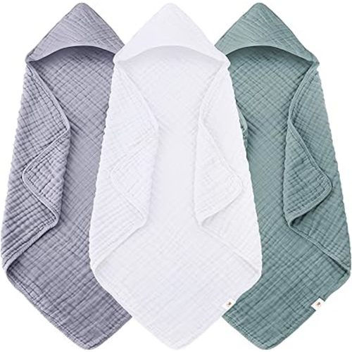 Sunny zzzZZ Muslin Hooded Baby Bath Towels - 3 Pack 100% Cotton Soft Low-Saturation Pastel Towels Including Classic White for Newborns, Infants, Toddlers - 32x32 Inch - Green, Grey and White