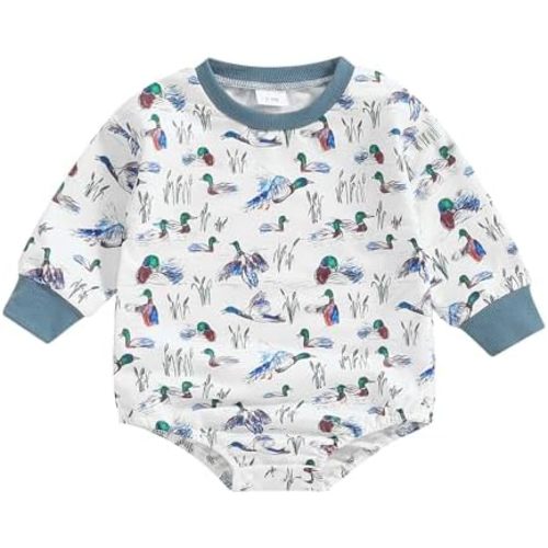 Chloefairy Baby Boy Girl Duck Romper Mallard Duck Hunting Clothes Long Sleeve Sweatshirt Bubble Romper Bodysuit Fall Outfit