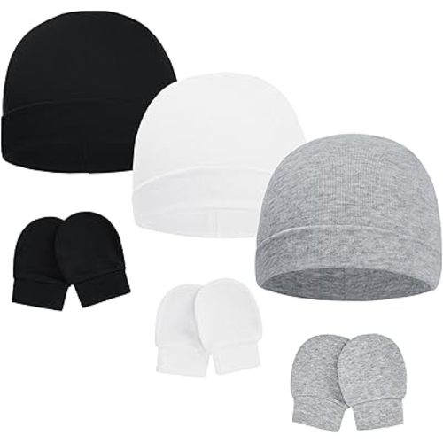 American Trends Baby Beanies for Boys Girls Newborn Infant Hat with Mittens Cute Cotton Hospital Hats for 0-6 Months - 1 a 3 Pack Black & White & Gray