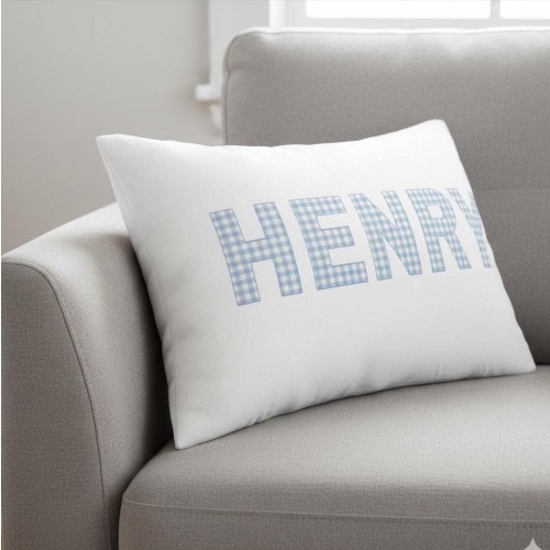 Personalized Gingham Name Lumbar Pillow for Baby Nursery Kids Room or Toddler Bedroom Bed Pink or Blue Checkered Pattern Decorative Cushion.