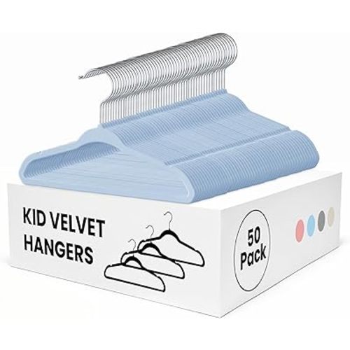 Simple Deluxe Kids Velvet Hangers 50 Pack, Non-Slip Baby Hanger for Infant & Toddler Clothes, 11 Inch Durable Children Hangers for Closet, Blue