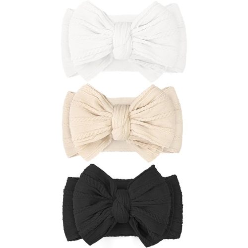 JOYOYO 3 Pcs Soft Wide Turban Baby Headbands with Double-Layer Bow for Baby Girls, Newborns, Toddlers(White, Beige, Black)