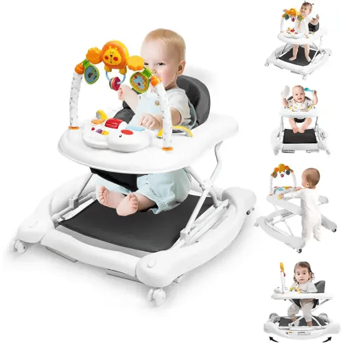 5-in-1 Baby Walker, Baby Walkers for Boys Girls 6-18 Months, Foldable Activity Walker, Toddler Infant Walker with Bouncer, Adjustable Height, Removable Footrest, Feeding Tray, Music