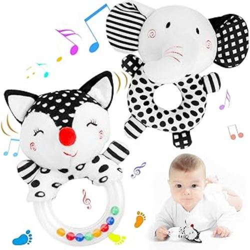 FPVERA Baby Rattles 0-6 Months: Soft Rattles for Babies 0-6 Months Newborn Sensory Toys, High Contrast Black and White Baby Toys 0-3 Months Plush Rattle Toy for Infant Boys Girls Shower Gift, 2PCS