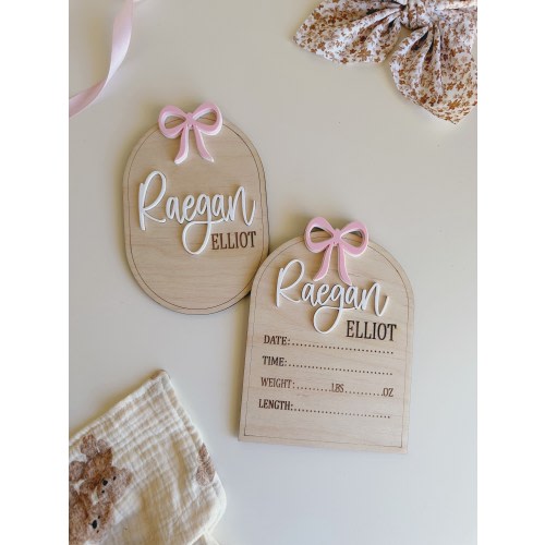 Baby Bow Birth Sign | Baby Birth Announcement | Arched Wooden Birth Announcement | Personalized Name Sign | Baby Birth Name| Bow Birth sign