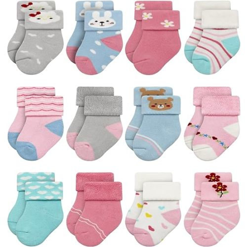 RATIVE Newborn Baby Socks 0-6,6-12 Months Terry Turn Cuff Socks for Boys Girls