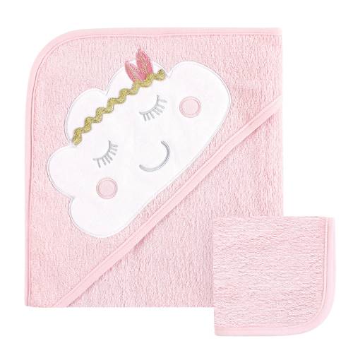 Hudson Baby Infant Girl Cotton Hooded Towel and Washcloth 2pc Set, Boho Cloud, One Size - Boho Cloud - One Size