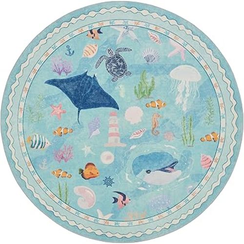 Tropical Ocean Soft Washable Faux Wool Stain Resistant Rug Rubber Non-Slip Backing for Playroom Bathroom Living Room Bedroom Bedside Beachy Cute Coastal Nautical Nursery Rug (Sky Blue, 6' Round)