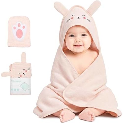 CuddleBug Hooded Baby Bath Towel & Washcloth Set (Bear) - 100% Cotton Terrycloth Hooded Baby Towels for Newborn & Toddler - Super-Soft & Absorbent, Newborn Essentials (33" x 33") - Blush Pink