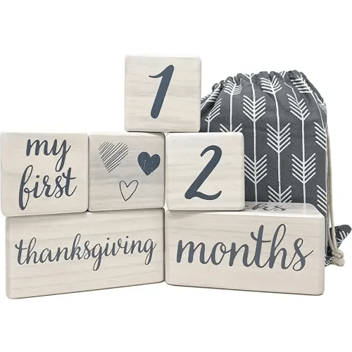 Pondering Pine Baby Milestone Blocks - Natural White Stain Pine Wood with Weeks Months Years Grade and Holidays, Newborn Weekly Monthly First Year Picture Props, 6 Block Milestones Age Set with Bag