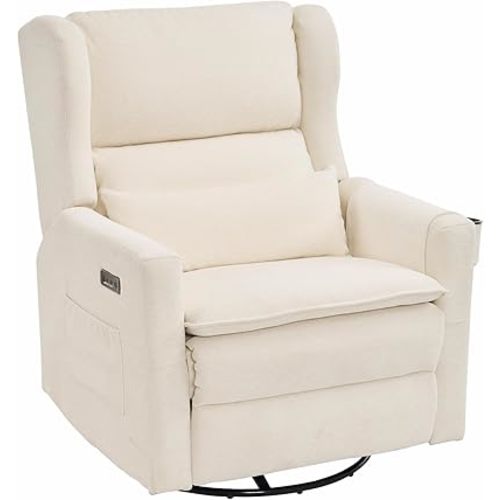 Oversized Swivel Rocker Recliner with Adjustable Headrest, 26" Extra Wide Glider Recliner Nursery Chair with Double Cushion, Chenille Glider Rocking Chair for Living Room,Cup Holder,White