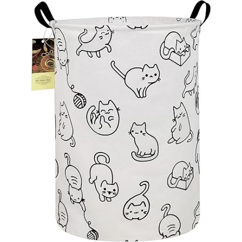HUNRUNG Laundry Hamper,Large Canvas Fabric Lightweight Storage Basket Toy Organizer Dirty Clothes Collapsible Waterproof for College Dorms, Children Bedroom,Bathroom（Round cat）