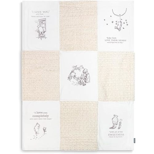 DEMDACO Pooh Classic Yellow Bear, 30 x 40 Inch, Soft Polyester, Plush, Snuggable, Receiving, Nursey, Blanket, Blankie, Tan and White, All The Sweetness