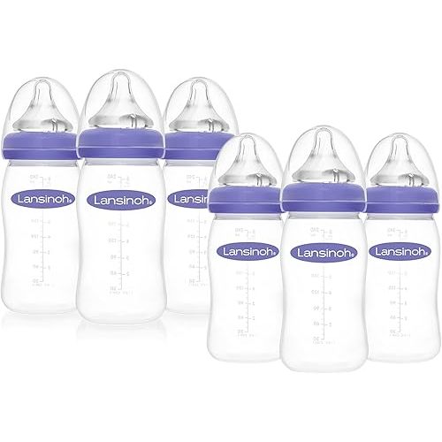 Lansinoh Anti-Colic Baby Bottles for Breastfeeding Babies, 8 Ounces, 6 Count, Includes 6 Medium Flow Nipples, Size M
