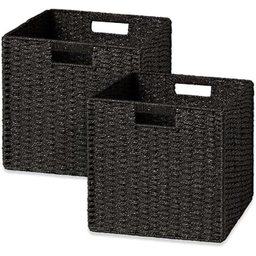 UBBCARE 2 Pack Wicker Basket,11L×11H×10.5W inch Woven Paper Rope Storage Baskets for shelves, Foldable Cube Storage bin with Handle, Storage Basket for Organizing & Decor, Black