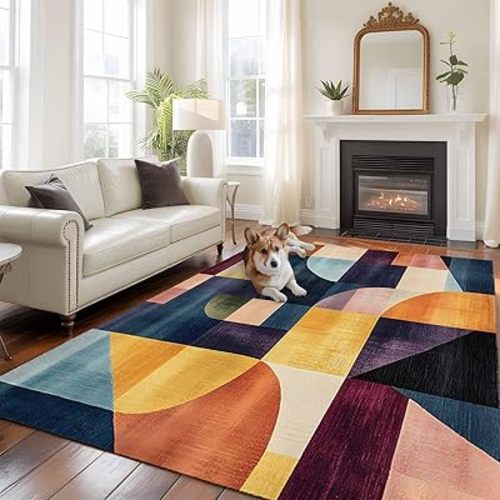 Orange Geometric Area Rugs 5'x8', Washable Small Throw Rugs for Classroom Bedroom, Modern Abstract Simple Color Block Indoor Outdoor Rug Non-Slip Low Pile Carpet Runner Reversible Floor Mats