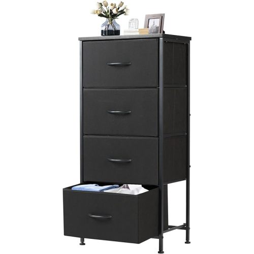 DUMOS Nightstand with 4 Drawers Bedside Table with Removable Fabric Bins Sturdy Steel Frame Wood Top Organizer Furniture for Bedroom Closet Living Room