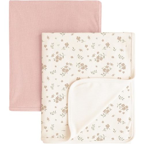 Konssy Knit Baby Blanket 2 Pack, Soft Ribbed Swaddle Receiving Blankets for Boys & Girls, Lightweight Cozy Swaddling Wrap for Newborns, Infants, & Toddlers, 33x42 Inch (Blossom,Pink)