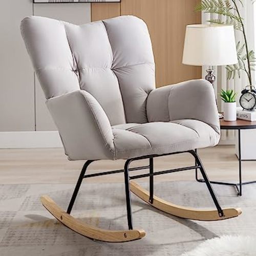NIOIIKIT Nursery Rocking Chair Velvet Upholstered Glider Rocker Rocking Accent Chair Padded Seat with High Backrest Armchair Comfy Side Chair for Living Room Bedroom Offices (Grey Velvet)