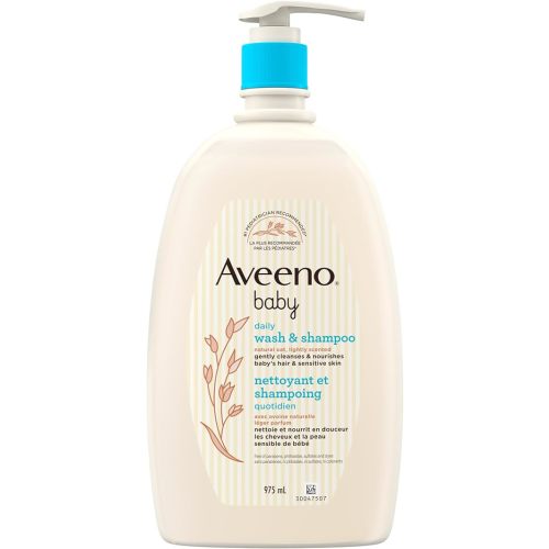 Aveeno Baby Wash and Shampoo - Gentle 2-in-1 Body Wash with Natural Oat Extract for Sensitive Skin - Tear-Free, Hypoallergenic Cleanser, Free from Parabens, Sulfates & Dyes - 975ml