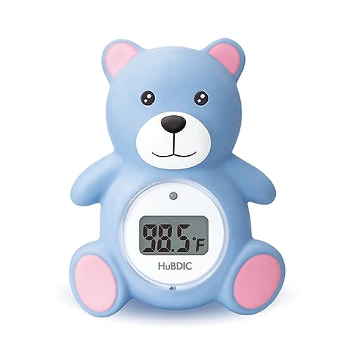 HubiBaby Baby Bath Thermometer & Digital Room Temperature, 2in1 Kids Bathroom Safety Products with Temperature Warning, Floating Teddy Bear (Blue)