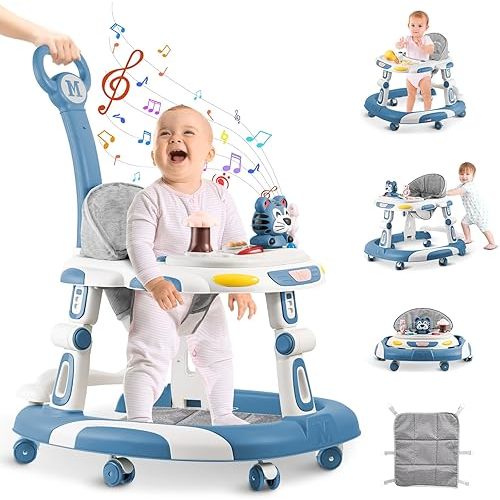Baby Walkers, 5-in-1 Multifunctional, Height Adjustable, Foldable, Activity Center with Wheels &Music &Toys Tray, Infant Toddler Walker for Boys and Girls 6-24 Months(Blue)