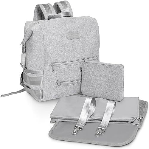 BUNSO Neoprene Diaper Bag Backpack, Water-resistant, Travel Baby Bag With Changing Pad, Stroller Straps, Wet Bag and Pouch (Gray)