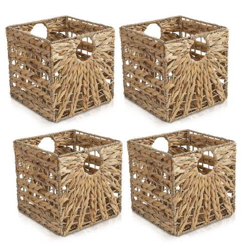 CHOSHOME Water Hyacinth Storage Baskets Set of 4 Wicker Cube Baskets, Natural Foldable Heavy Duty Storage Cube Bins, 12"x 12"x 12"