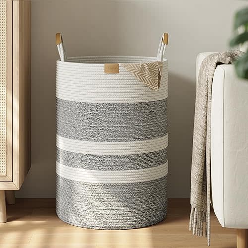 95L Striped Laundry Hamper with Leather Handles,Large Foldable Laundry Basket for Clothes,Cotton Rope Storage Bin for Blankets,Woven Clothes Basket for Bedroom,Gray Stripes