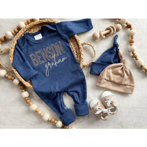 Personalized navy, blue, and beige newborn outfit, coming home outfit for baby boy, baby boy outfit, hospital outfit for boy
