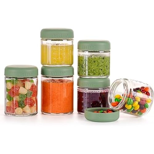 Haakaa Reusable Glass Baby Food Storage Jars with Silicone Lids – 6pc 4 x 4oz + 2 x 7oz, Premium Lab-Quality Borosilicate Glass, Plastic-Free, Freezer, Microwave & Ovensafe.